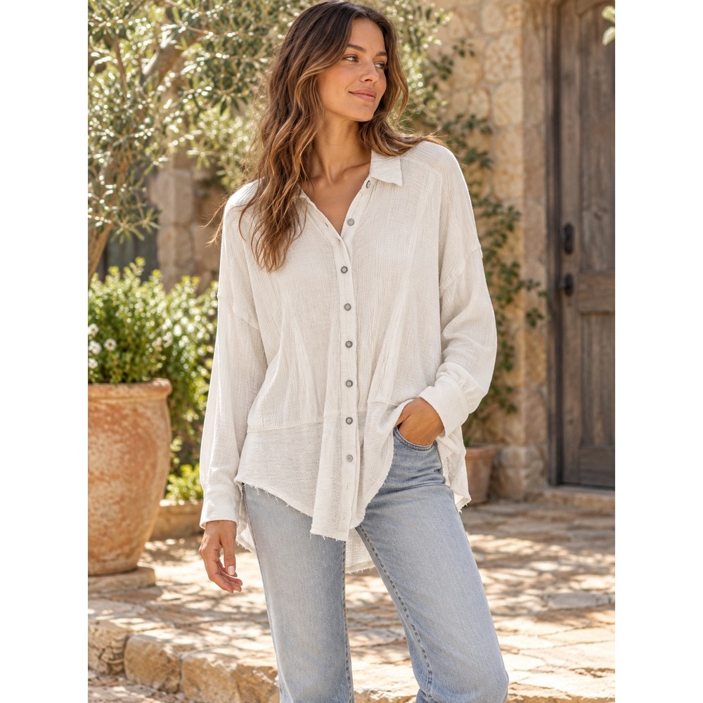 Free People We The Free Cream Gauze Button Down Shirt Raw Hem Small